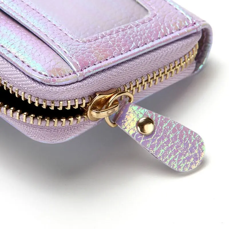 Women Hologram PU Leather Credit Card Holder Purse with RFID Protector Small Zip Around Wallet