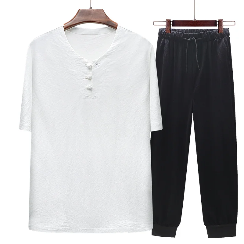 Summer Men's Sets 2019 Men Tang Suit Wushu Clothing Set Kung Fu Cotton Linen Traditional Tang Tracksuit Men Set Shirts+Trousers