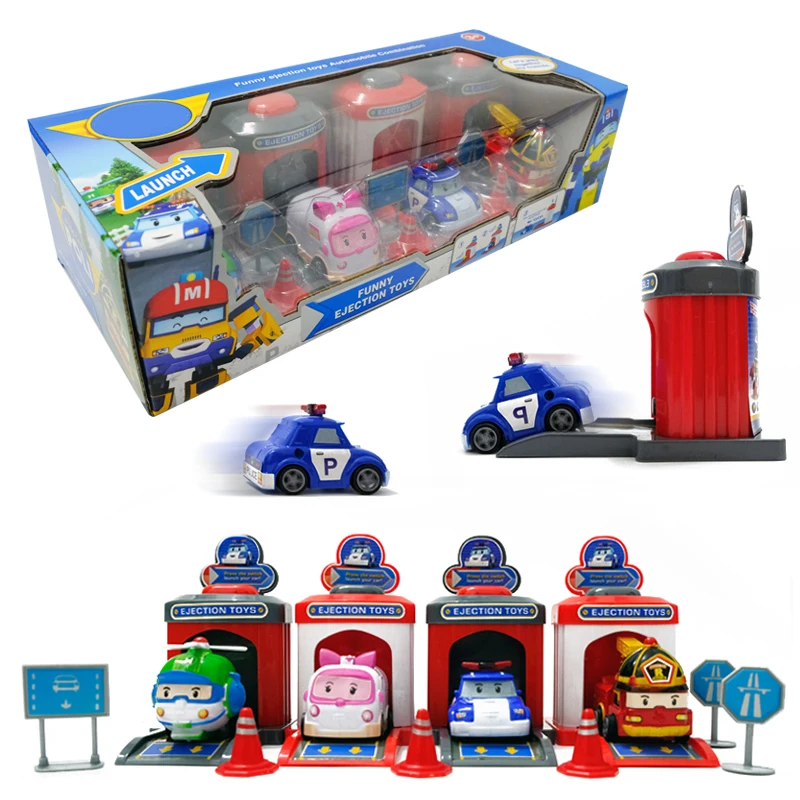 

4pcs/Box New Korea kid Toys Robocar Poli Anime Action Figures Poli Anba Roy Catapult Car Model Toys For Children Best Gift