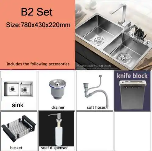 Kitchen supplies Handmade kitchen sink basins SUS304 stainless steel stretching double groove kitchen sink 75x41/78x43/80x45cm - Цвет: B2