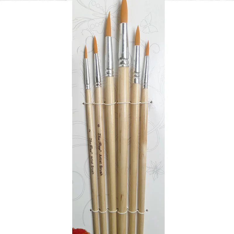 New 6pcs Nylon Hair Paint Brush Set Round Pointed Tip Artists