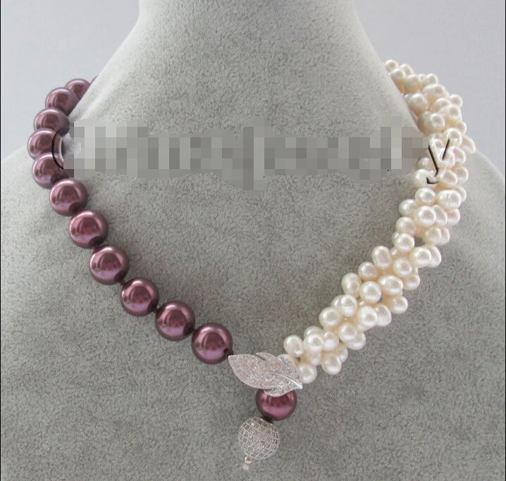

FREE shipping>>>>>> 3row 18" 7-8mm white freshwater pearl + 12mm wine-red sea shell pearl necklace