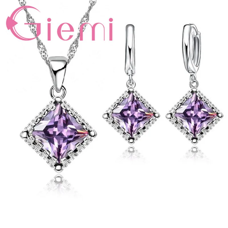 

Antique Style 925 Sterling Silver Wedding Jewelry Sets for Women Brides Rhombus Cubic Zircon Stone Pendant Necklace Earrings