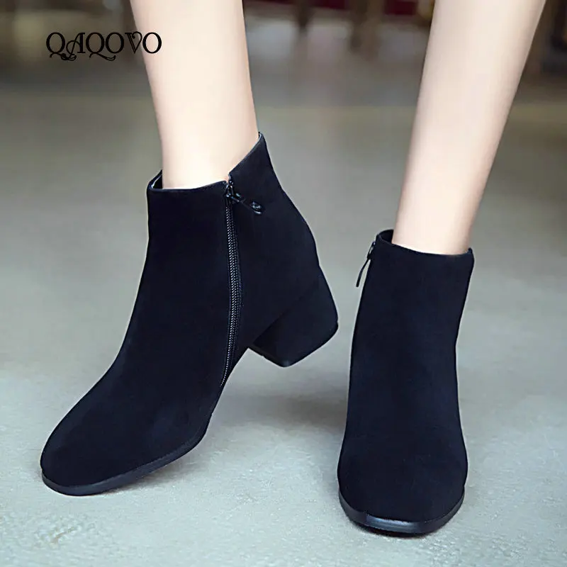 

2019 Women Shoes Ankle Boots Flock Leather Comfortable Sqaure Low Heels Booties Autumn Winter Zipper Boots Ladies Shoes