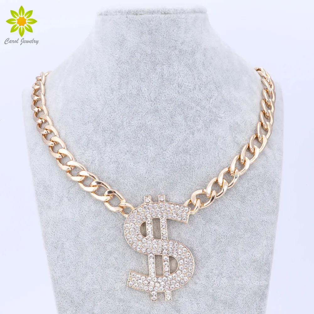 Модная Золотая цепочка со стразами большой знак доллара подвеска цепочка ожерелье для женщин