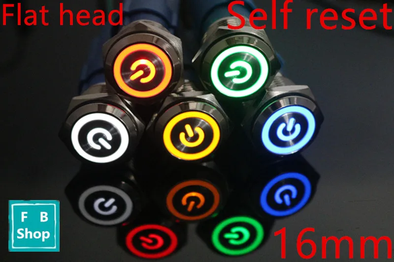 

Metal push button switch with light 16mm flat head self-reset Momentary Push Button waterproof red green white blue sign JS