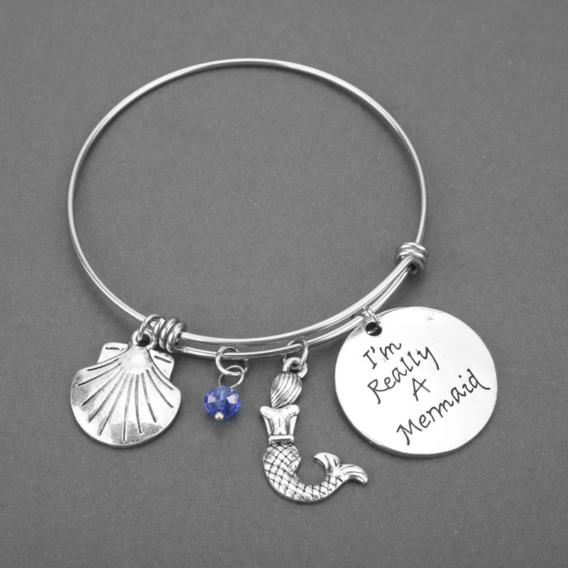 

1PC Stainless Steel 316L Bracelet With Mermaid Shell Crystal Charms Fashion Cuff Bracelets For Women New Year Christmas Gifts