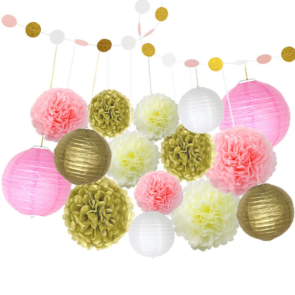 

16pcs Tissue Paper Pom Poms Flowers Paper Lanterns and Polka Dot Paper Garland for Wedding Party Decorations
