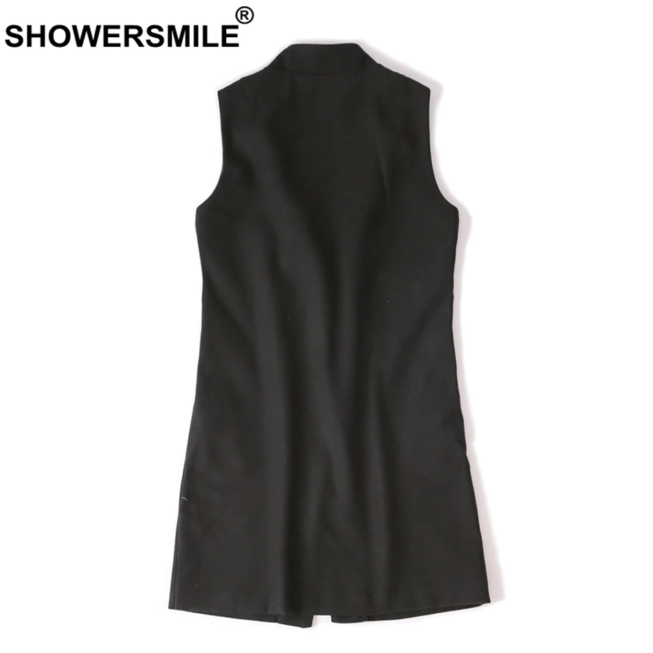 SHOWERSMILE Womens Long Vests Plus Size 3xl Black Waistcoat Female Tweed Leather Pocket Fashion Ladies Spring Sleeveless Jackets