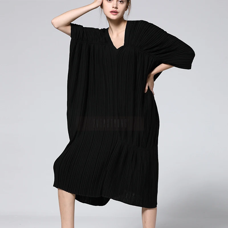 V Noir Taille Chauve Lâche Grande Femme Changpleat 2019 See Chart Manches Pour Mode Femelle Miyak Plissée Printemps Robes souris D11 cou Marée Été Robe POZiXTku