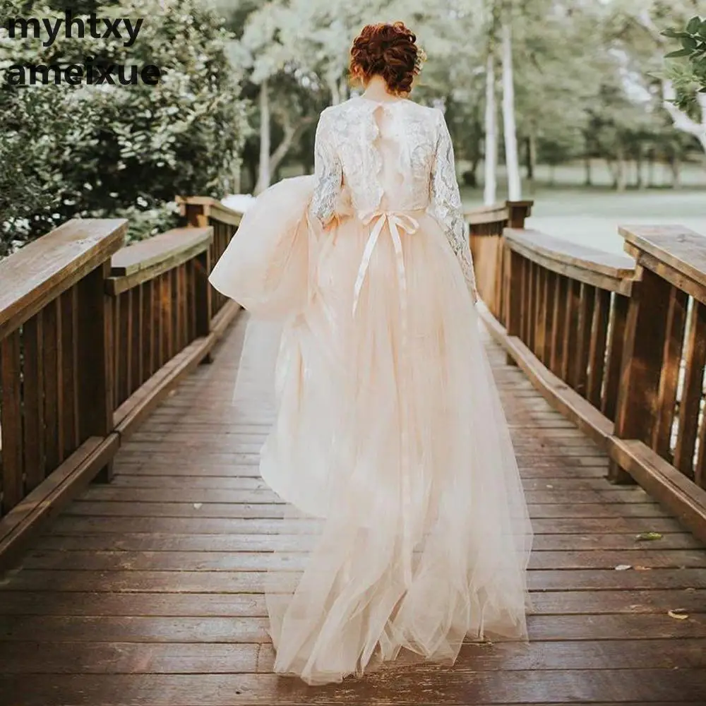 Кружевное Свадебное платье невесты с длинными рукавами, розовое скромное дешевое свадебное платье, сделанное на заказ, контрастные цвета, Vestidos De Fiesta Gelinlik