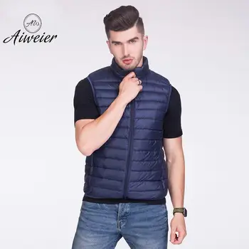 

[Aiweier] Men's Down Jacket Vest Thin Zipper Sleeveless Stand Collar Loose Waistcoat Male Korean Ultra Light Jackets Outwear