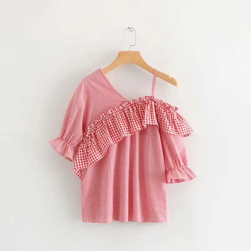 

2019 women fashion plaid patchwork print ruffles sling blouse shirts women off shoulder agaric lace blusas chic tops LS3871