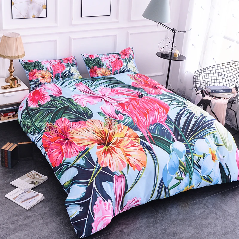 ZEIMON 3 шт. тропические растения украшения для спальни 3D печать цветок с Фламинго узор постельных принадлежностей королева размер постельное белье