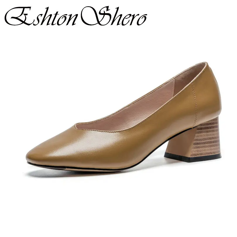 

EshtonShero Summer Women's Shoes Pumps Slip On Genuine Leather+PU Round Toe Med Heel Apricot Ladies Wedding Shoes Size 34-40