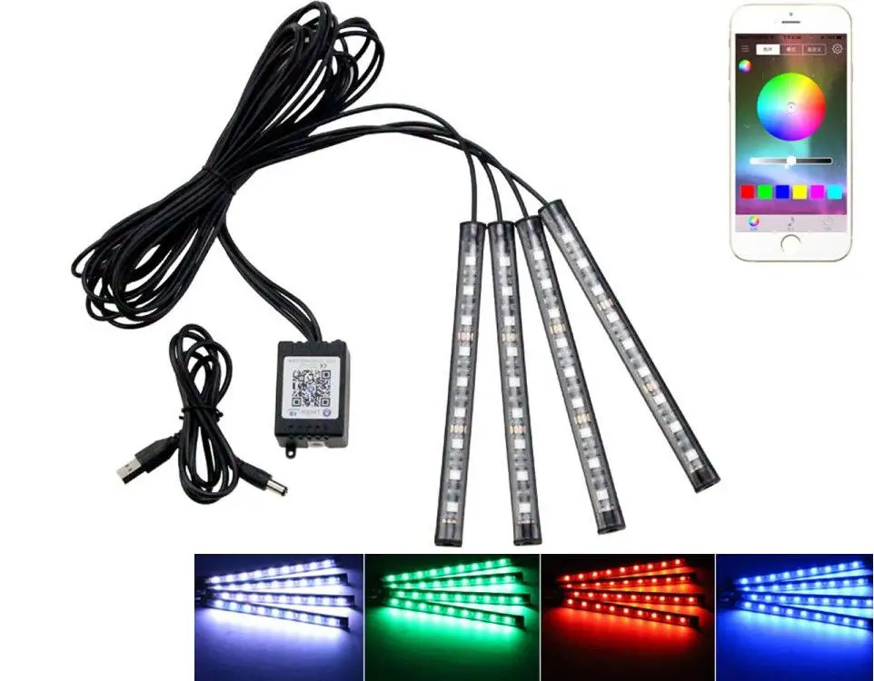 Автомобиля 12V led RGB приложение ног лампы Авто неоновый светильник лампы Голосовое управление лампа для контроля уровня громкости телефона управление 9-smd 5050 9X4 окружающей среды лампы