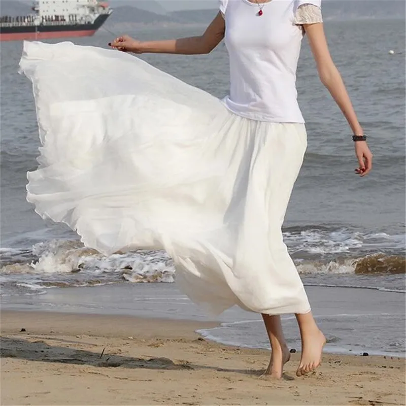 Летние Стильные женские юбки, эластичные, с высокой талией, богемные, шифоновые, длинные, плиссированные юбки для пляжа, XY-2