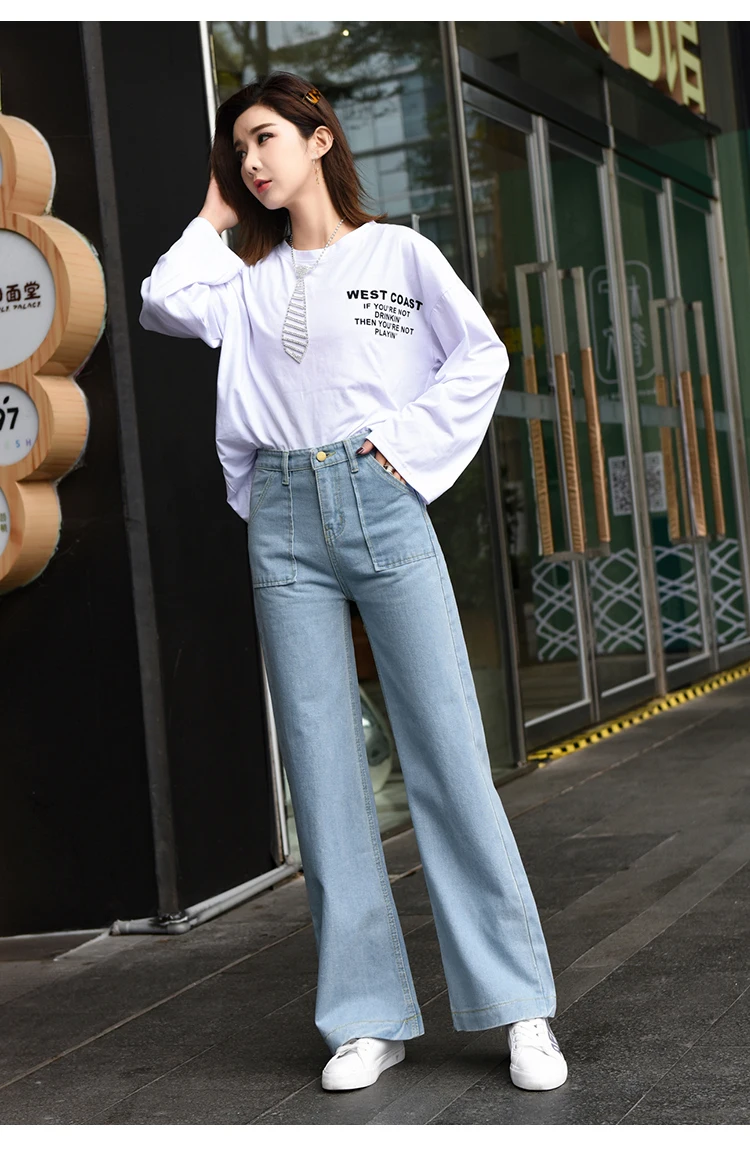 Широкие брюки джинсы женские уличный стиль полная длина повседневные большие Pockrt свободные вымытая высокая талия джинсовые брюки 2019