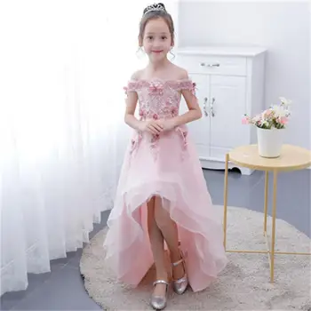 

Children's dress princess dress pink flower girl piano performance costume catwalk host dress long section