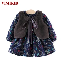 Vimikid Платье для маленьких девочек 2017 осень-зима Обувь для девочек утепленные бархатистые с длинным рукавом Подпушка платье + волосы платок Детская одежда платье