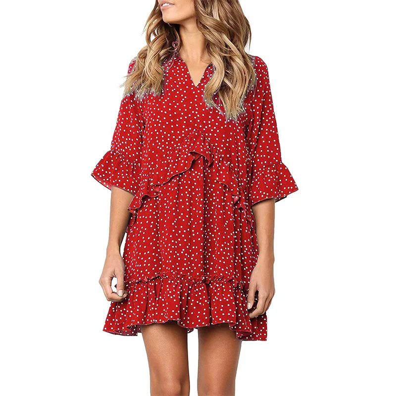 

OMKAGI Summer Beach Dress Women V-neck Loose Skirt Cover Up Half Sleeve Ruffles Dot Printed Boho Style Casual Beach Vestidos