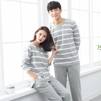 

Brand Cotton Long Sleeved Couples Minimalist Pajamas Set Women Striped Sleepwear Lovers Pyjamas Mujer Lady Lounge Home Clothing