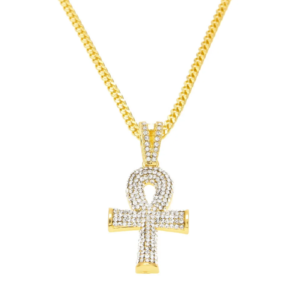 Высокое качество Золотой цвет хип хоп Египетский Анкх ключ крест кулон ожерелье с 24 дюймов длинная кубинская цепочка для унисекс ювелирные изделия
