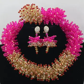 

Handmade African Crystal Beaded Jewelry Set Chunky Fuchsia Wedding Bridal Necklace Bracelet Earrings Set Free Shipping AIJ192