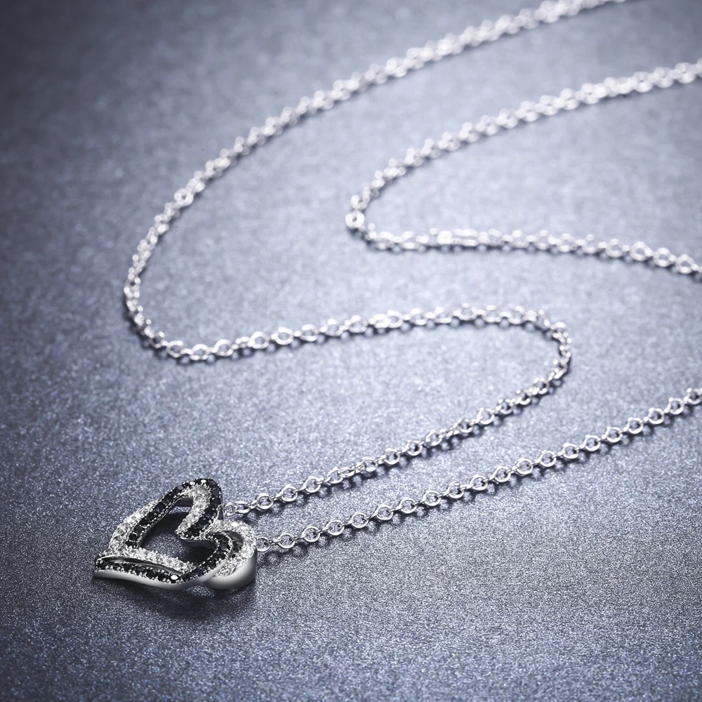 [Черный AWN] Настоящее серебряное ожерелье из 925 пробы, Женские Ювелирные изделия, подвески с черным и белым камнем в виде сердца P107