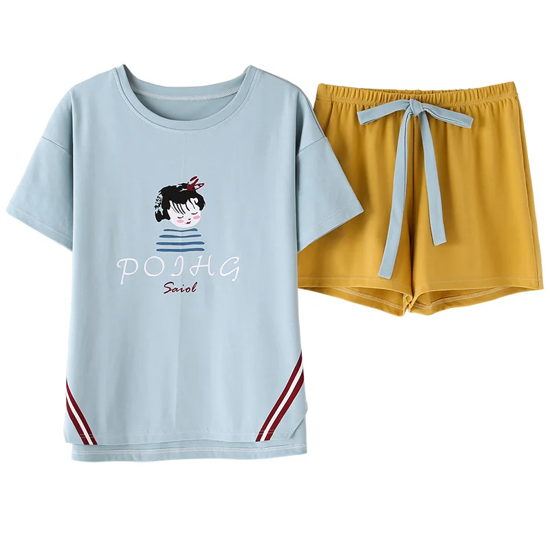 

2019 Cotton pajama women summer clothes short sleepwear cartoon print home clothing animal tshirt shorts 2 pcs pyjamas set xxl