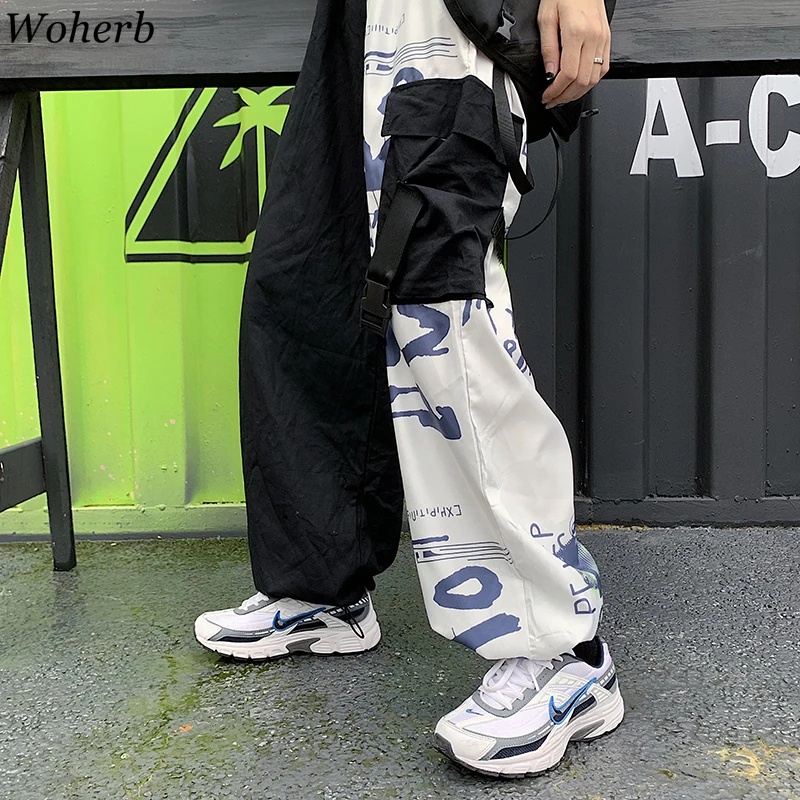 

Woherb Women Trousers Loose Long Wide Leg Cargo Pants Letter Print High Waist Harajuku Unisex Hip Hop Punk Pants Streetwear