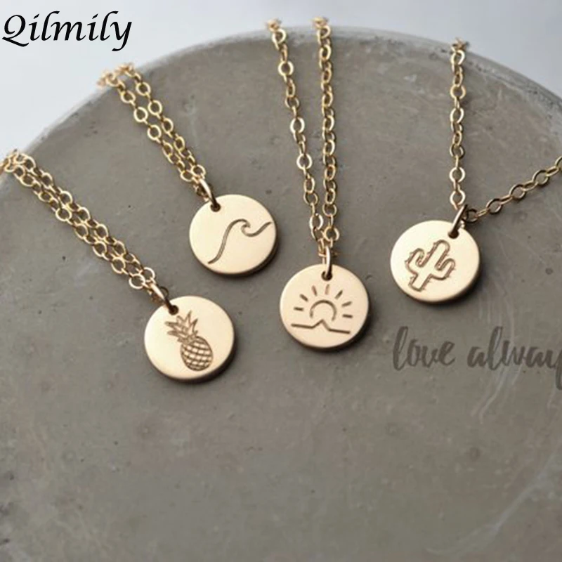 

Summer Sun Pineapple Round Charm Chokers Pendant Necklaces for Women Men Gold Color Wave Cactus Drop Jewelry Gifts Souvenirs Hot