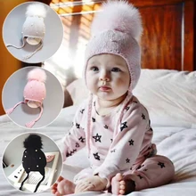 Детская зимняя шапка с помпоном, вязаная шапка для маленьких мальчиков и девочек, шапка для малышей, зимняя шапка с ушками, теплая детская шапочка