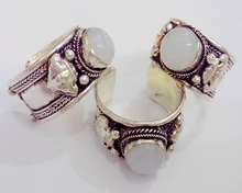 Retro Style Tibet Silver Carved Flower Lace inlay White Moonstone Bead Ring 10pcs/Lot Adjustable Unisex Party Gift