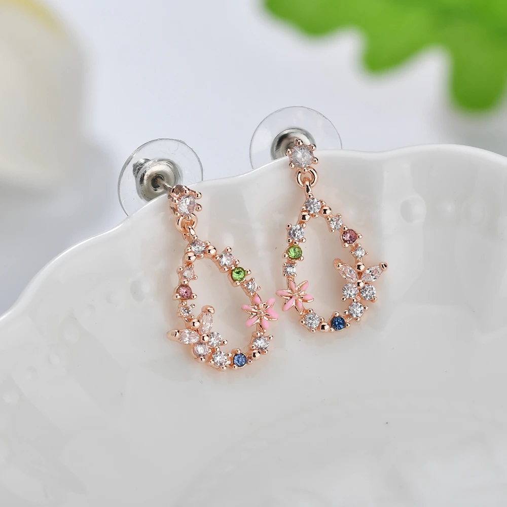

Trendy Water Drop Crystal Flower Earrings for Women Vintage Rose Gold Color Cubic Zirconia Wedding Party Earrings Jewelry Gift