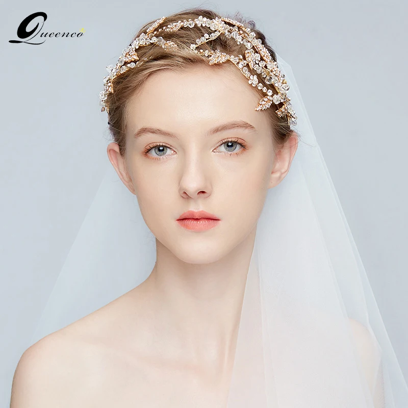 

QUEENCO Luxury Gold/Silver Leaf Bridal Crown And Tiara Crystal Bridal Headbands Wedding Hair Accessories Hairband Headpiece