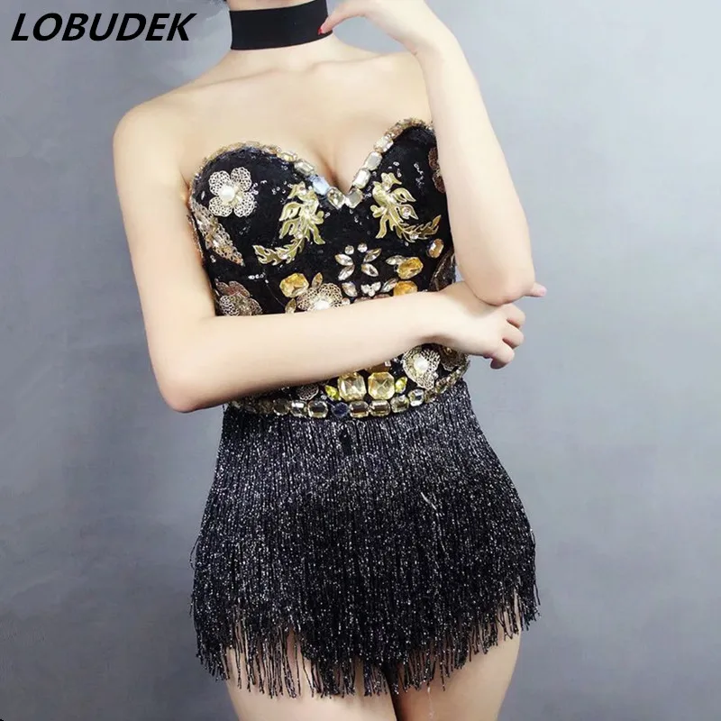 Sparkly Glass Diamond Bodysuit Female Costume Black Rhinestones