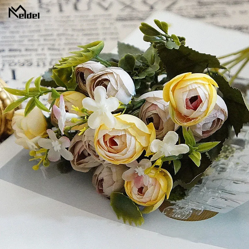 Искусственные цветы 13 голов 1 комплект белый букет чайной розы полиэстер шелковые розы розовые свадебные украшения для дома искусственные растения Цветок
