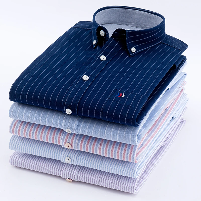 Men's Oxford 100% Cotton Fashion Stripe Casual Long Sleeve Shirts Retro Style High Quality Design Men's Dress Shirts Blouse Men's Oxford 100% Cotton Fashion Stripe Casual Long Sleeve Shirts Retro Style High Quality Design Men's Dress Shirts Blouse
