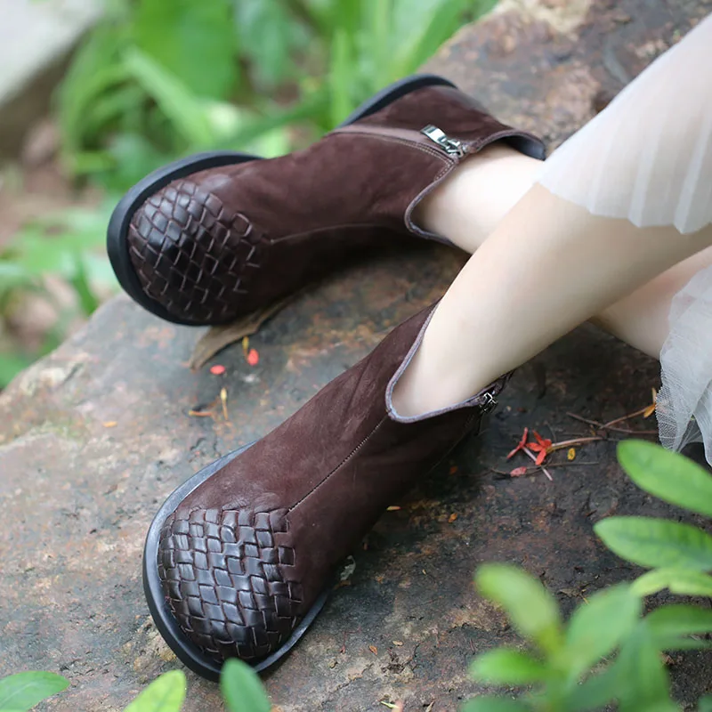 Тканые ботильоны; женская обувь с круглым носком из натуральной кожи; сезон осень-зима; женские ботинки с низким вырезом; Новая женская обувь в винтажном стиле