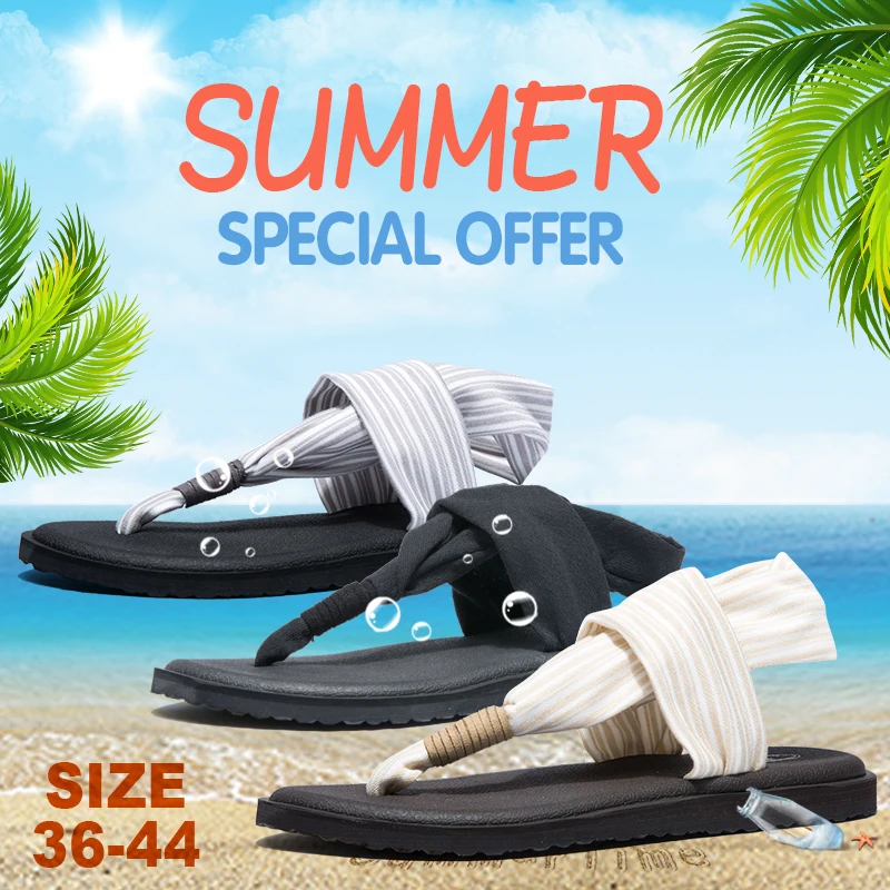 Women Yoga Sling Brand Summer Sandals Retro Shoes Female Elastic Straps  Comfy Flats Beach Shoes Women Flip Flops Big Size 36-44 - AliExpress