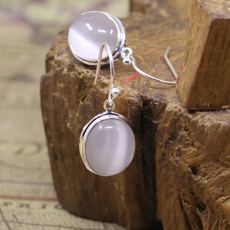 

stamp 925 silver jewelry fashion ladies Natural semi-precious stones retro bohemian white opal earrings simple girlfriend gift