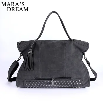 

Mara's Dream 2018 Rivet Nubuck Leather women bag Fashion Tassel Messenger Bag Vintage Shoulder Bag Larger Top-Handle Bags Mummy