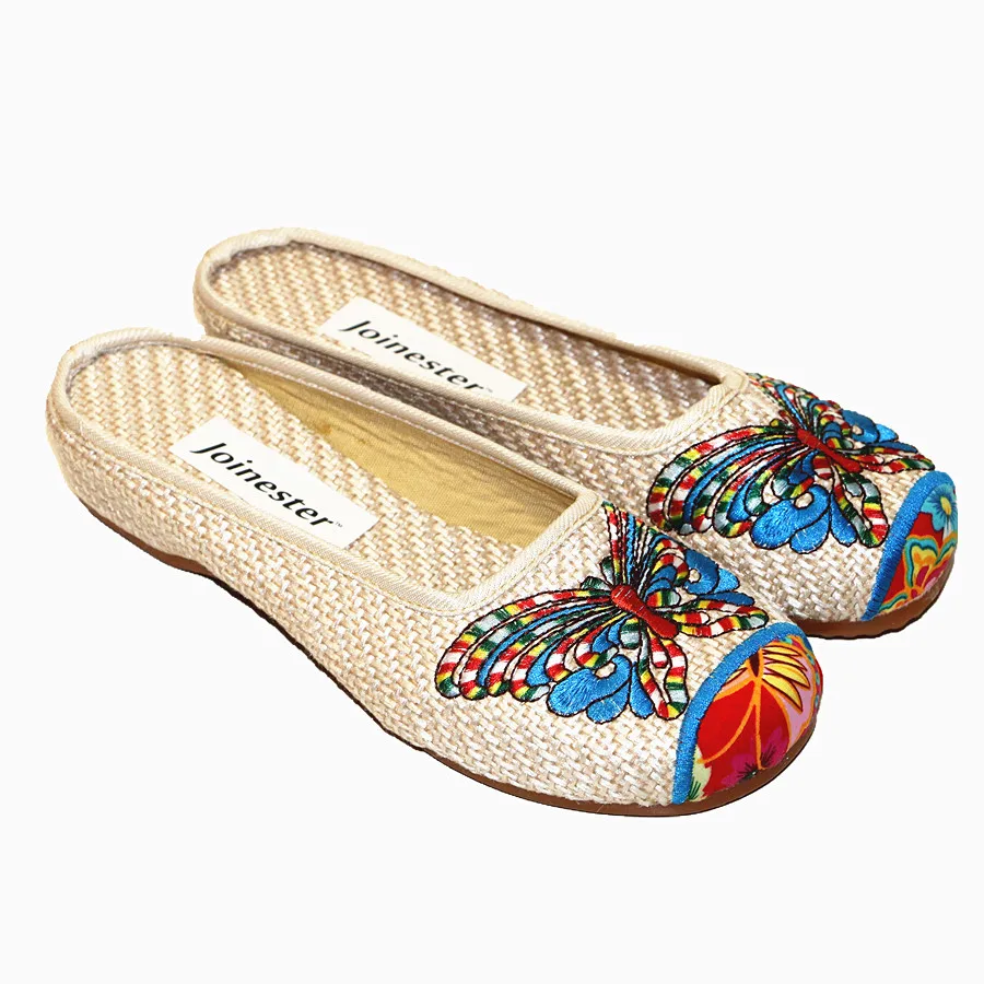 Women Canvas Slippers Embroidery Women's Slides Ethnic Style Leisure Slides Round Toe Casual Shoe Ladies Slip-on Beach Sandal