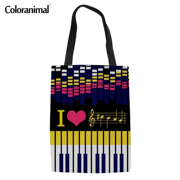 Coloranimal Music Note Pattern Women Eco-friendly Handbag Youth Girl Casual Canvas Top-handle Bag Shopping Beach Tote Bag 