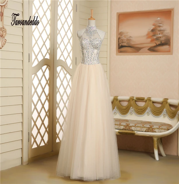 Halter Neckline See Through Beading A Line Champagne Prom Dress Halter Neckline See Through Beading A Line Champagne Prom Dress Exposed Boning Long Evening Gowns