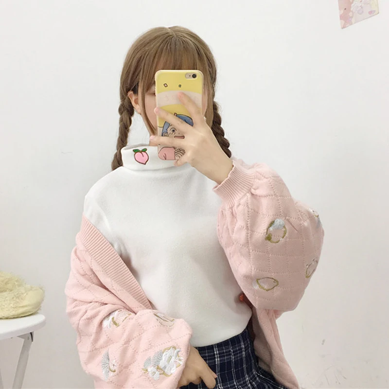 

Japanese kawaii top avocado peach apple banana delicate embroidery wild high collar loose thick warm women sweater