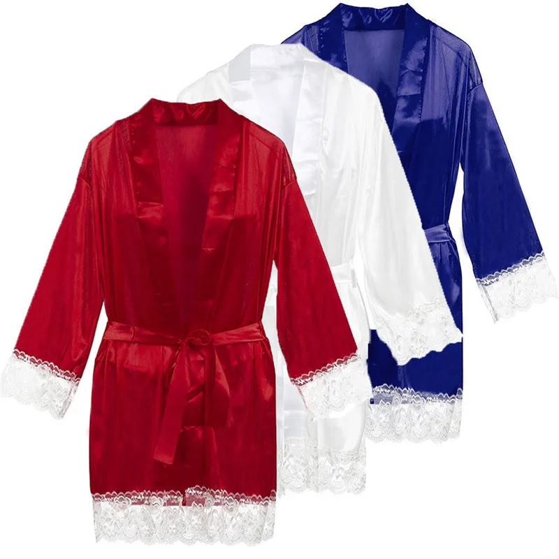 Women Sexy Silk Dressing Babydoll Lace Lingerie Belt Bath Robe