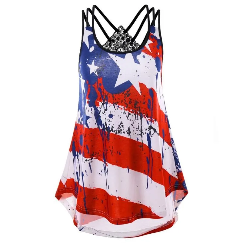 

5XL Women Plus Size Lace Flag Print Striped Blouse Sleeveless Cami Tops Shirt Strapless Roupa Feminina