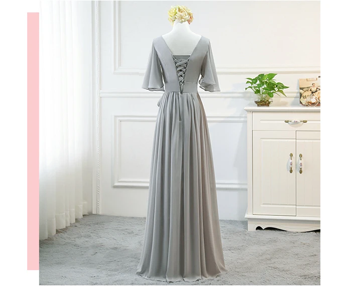 Серебристо-серое шифоновое платье трапециевидной формы с v-образным вырезом в пол, платье подружки невесты, платья для сестры невесты
